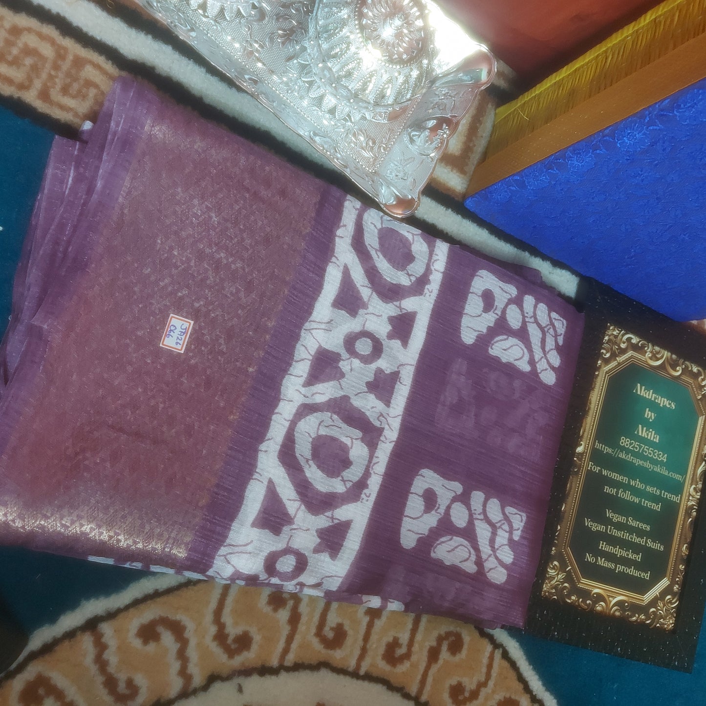 Lilac vegan linen batik weaving border saree JA26066