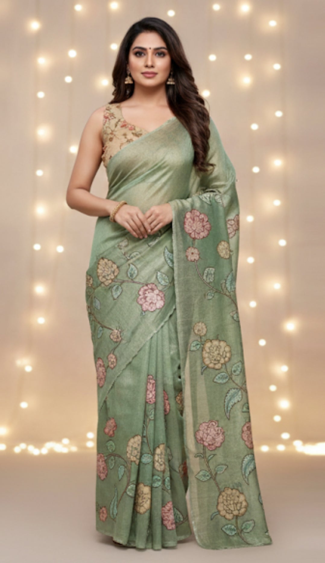 Green Floral symphony applique vegan tissue saree SA25714