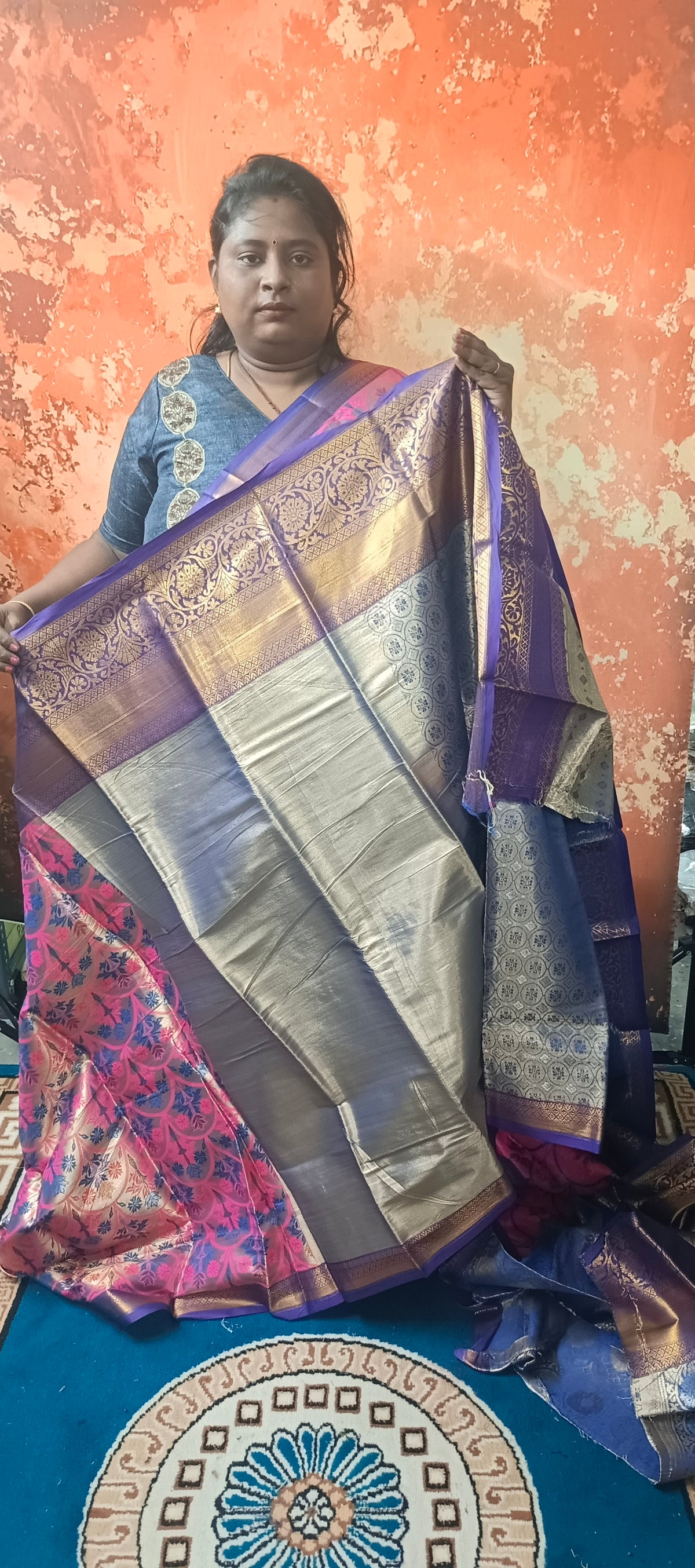 Blue pink silver Tissue Tales Meenakari vegan bridal katan tissue saree kanchi inspired JA25301