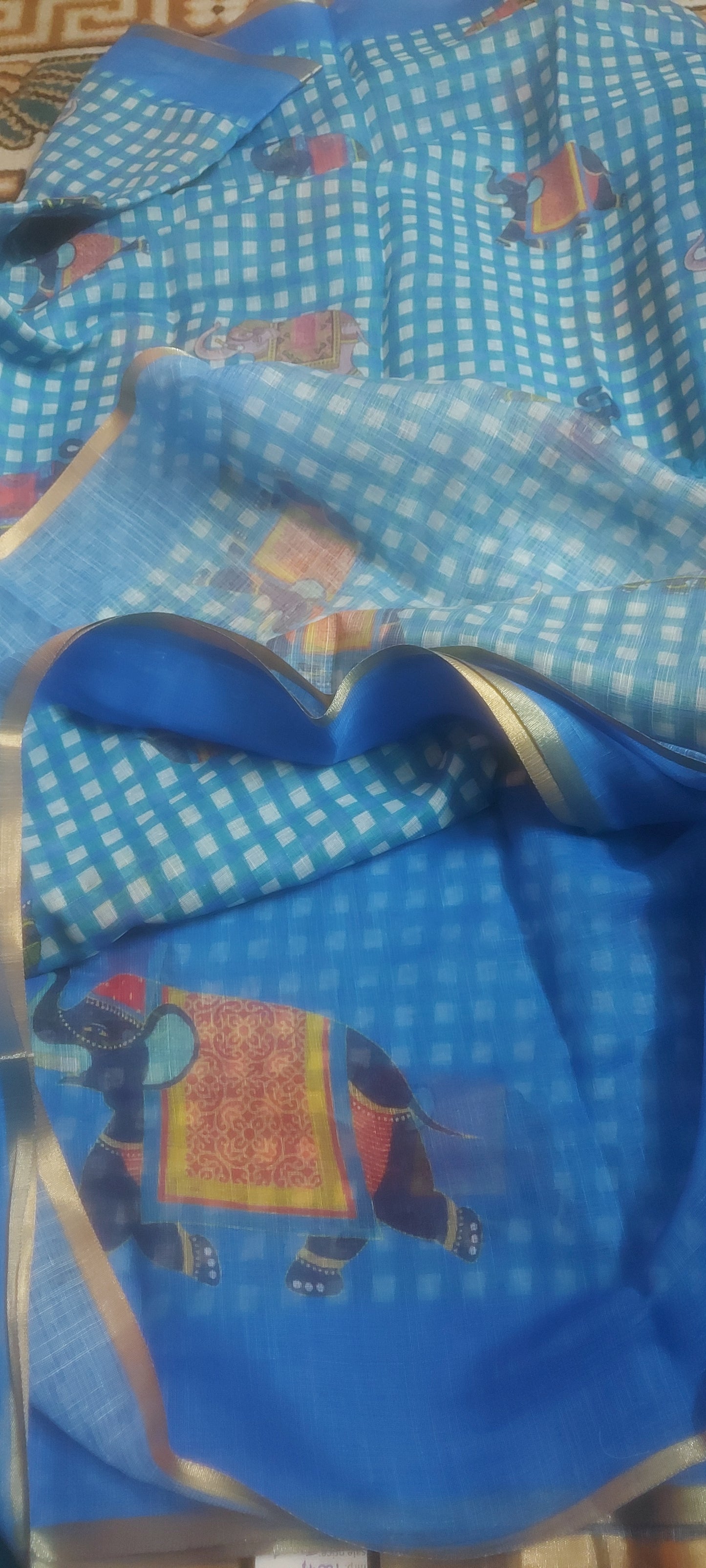 Blue Gingnam checks elephant vegan linen saree JA26010