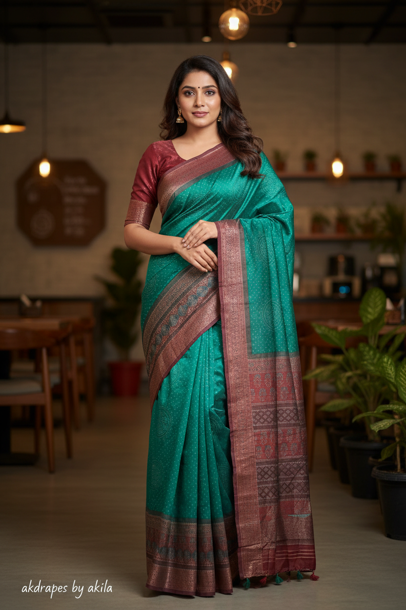 Green Fushion bandhini Ajrakh Malai cotton saree HA25410
