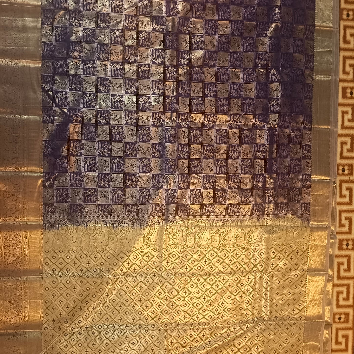 Royal blue Parijatham Vegan premium kanchi brocade silk saree LA25921