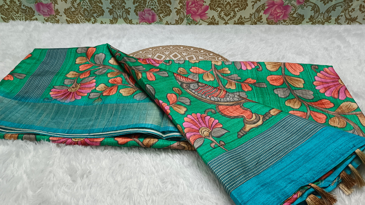 Green with blue khushboo digital printed kalamkari vegan tussar saree SA25695