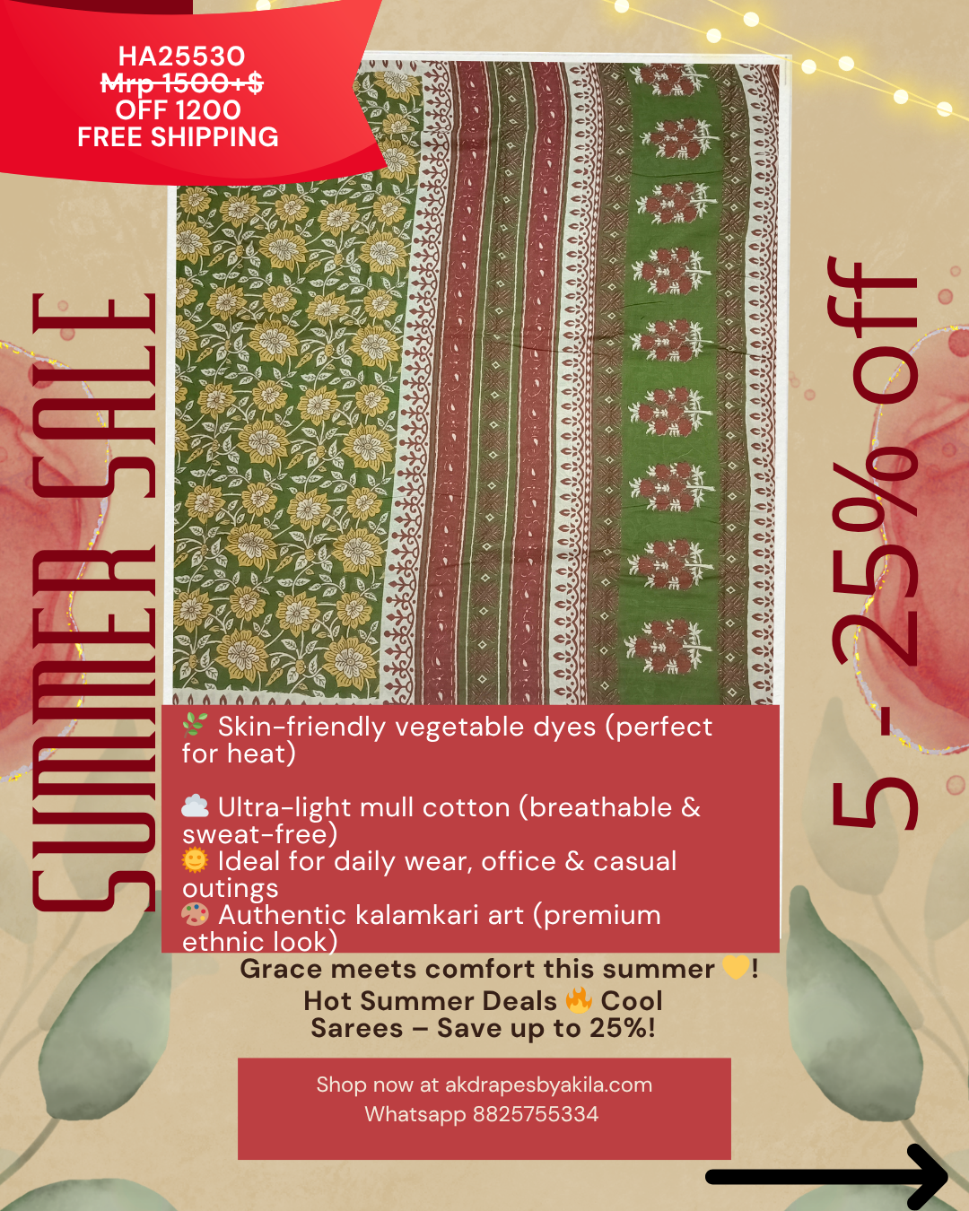 Green kalamkari floral veg dye mull cotton saree HA25530