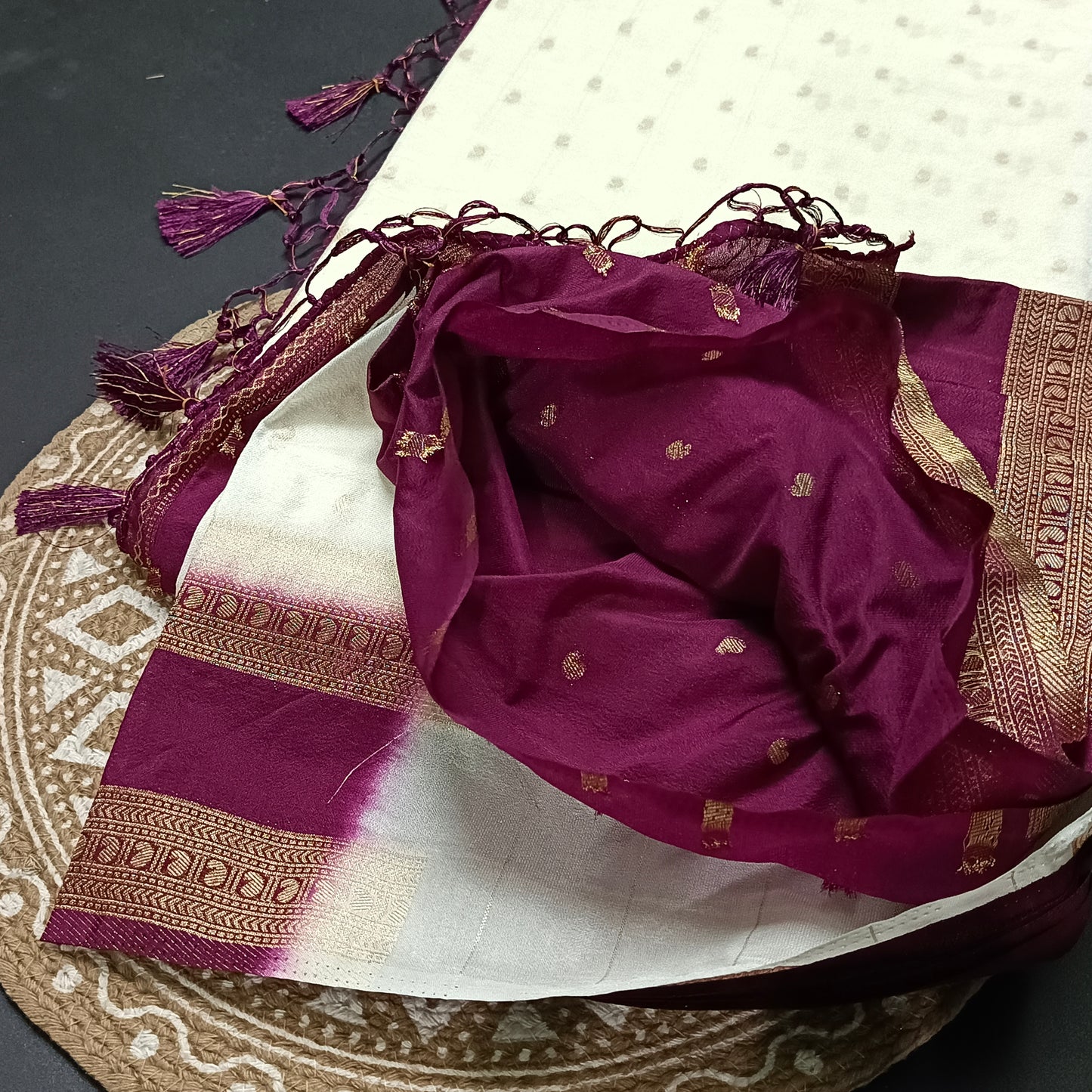 Off White Wine Kairika Vegan Viscose Crepe Silk Saree MA25162