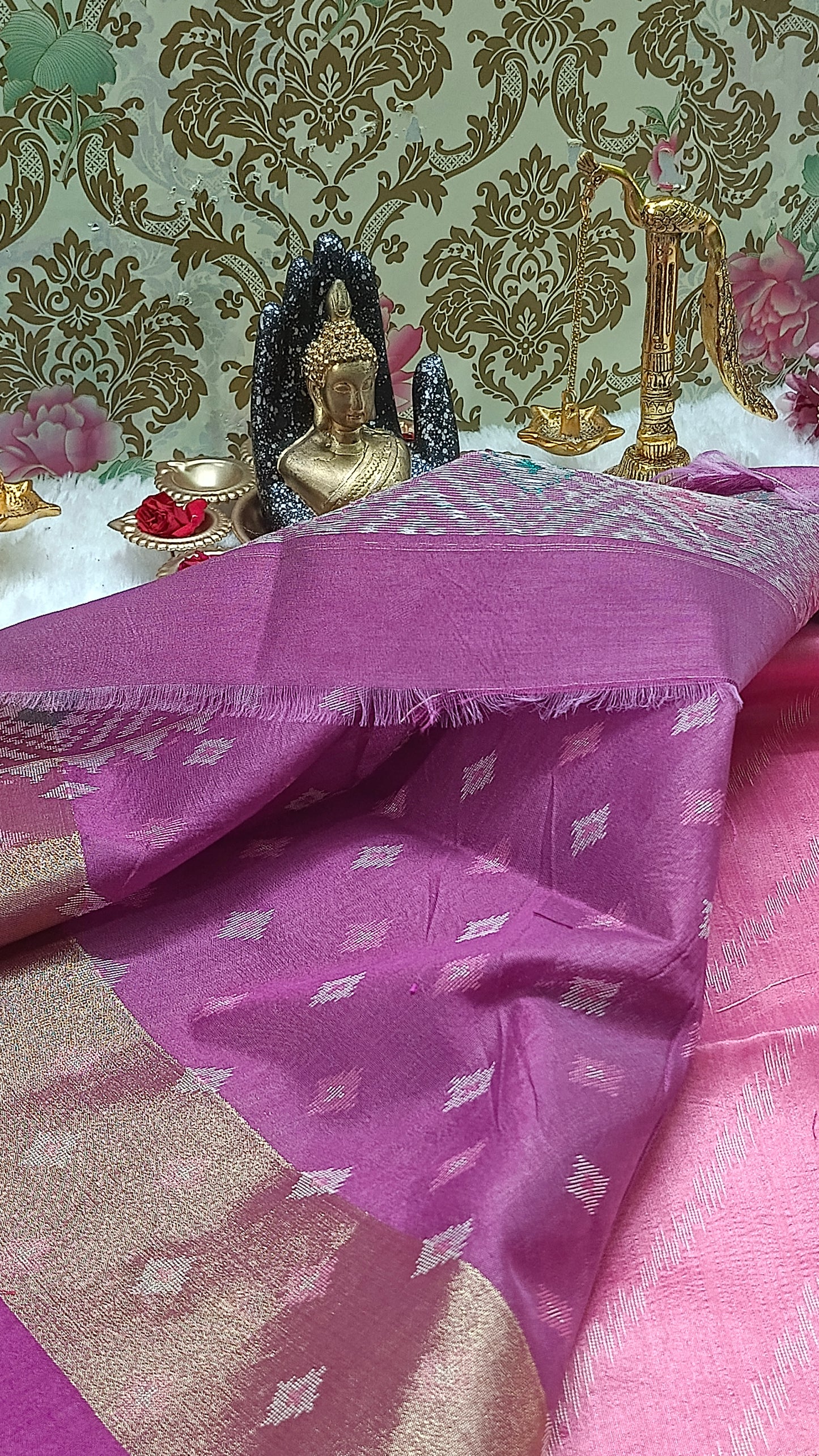 Pink with Purple Leheriya Handweave Ikkat Vegan silk Cotton Saree HA25432