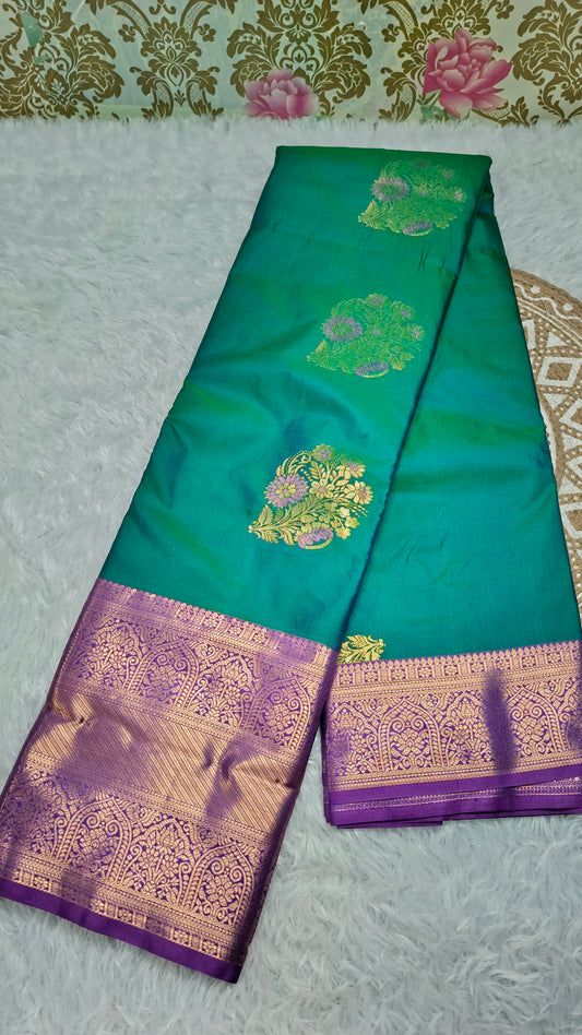 Peacock green with violet Varnajalam vegan premium kanchi silk saree LA25913