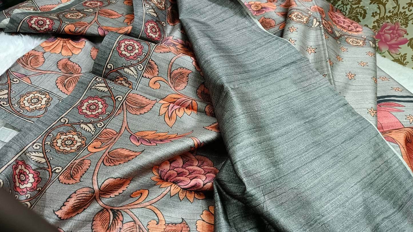 Grey Ritika digital printed kalamkari vegan tussar saree SA25697