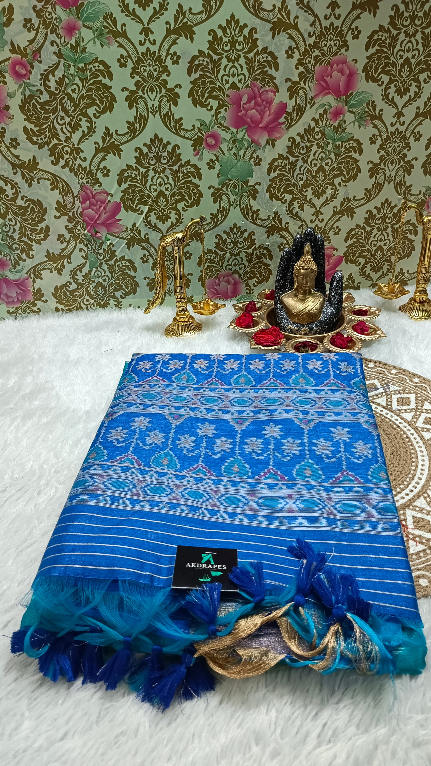 Sapphire blue with Royal Blue Zigzag Hand Weave Ikkat Vegan silk cotton saree HA25428