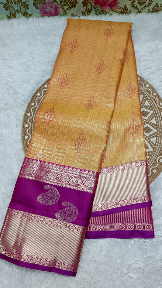 Yellow with majenta Parijatham Vegan premium kanchi brocade silk saree LA25932