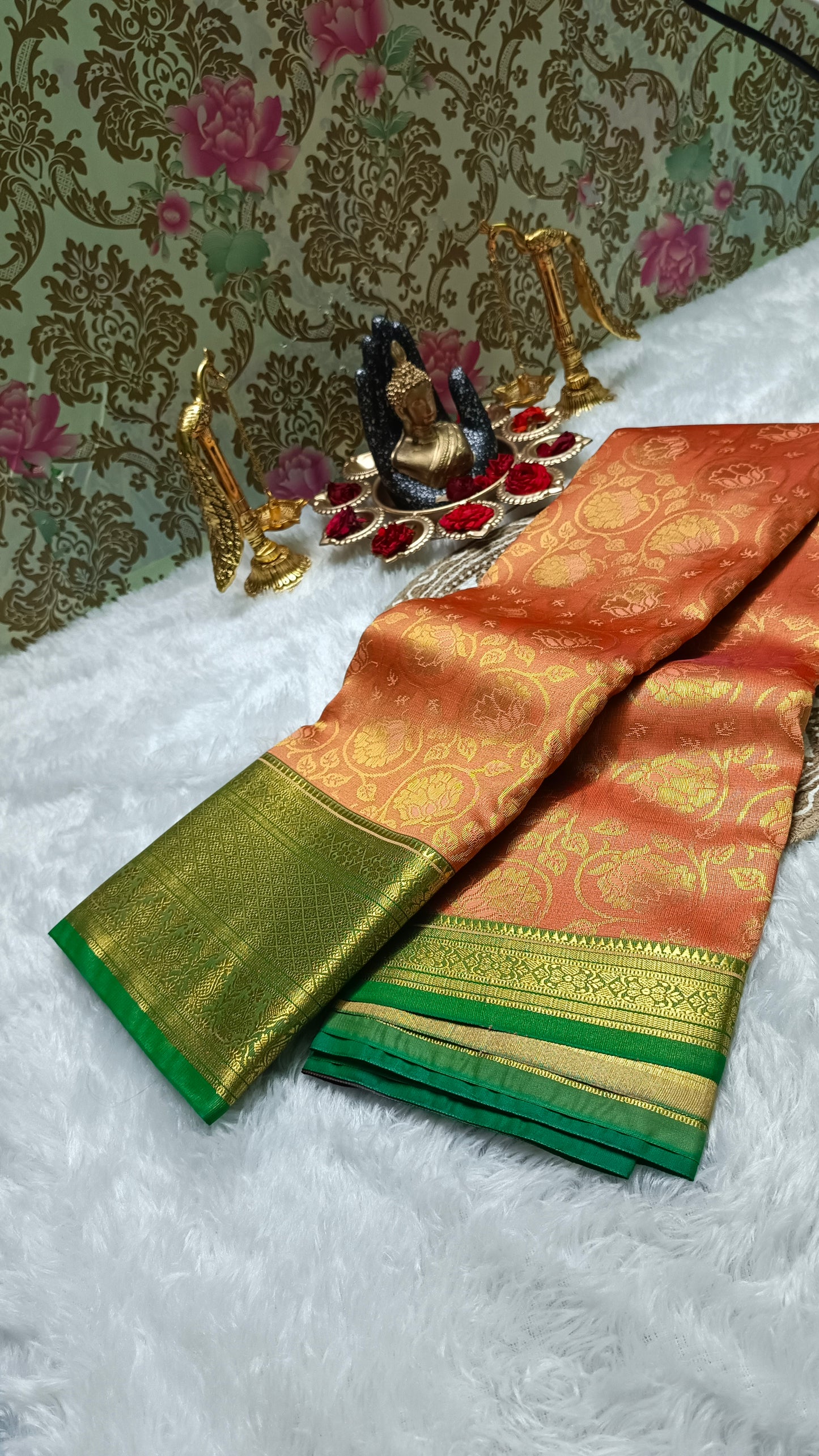 Sunset Blossom Vegan Kanchi Tissue Silk Saree Orange