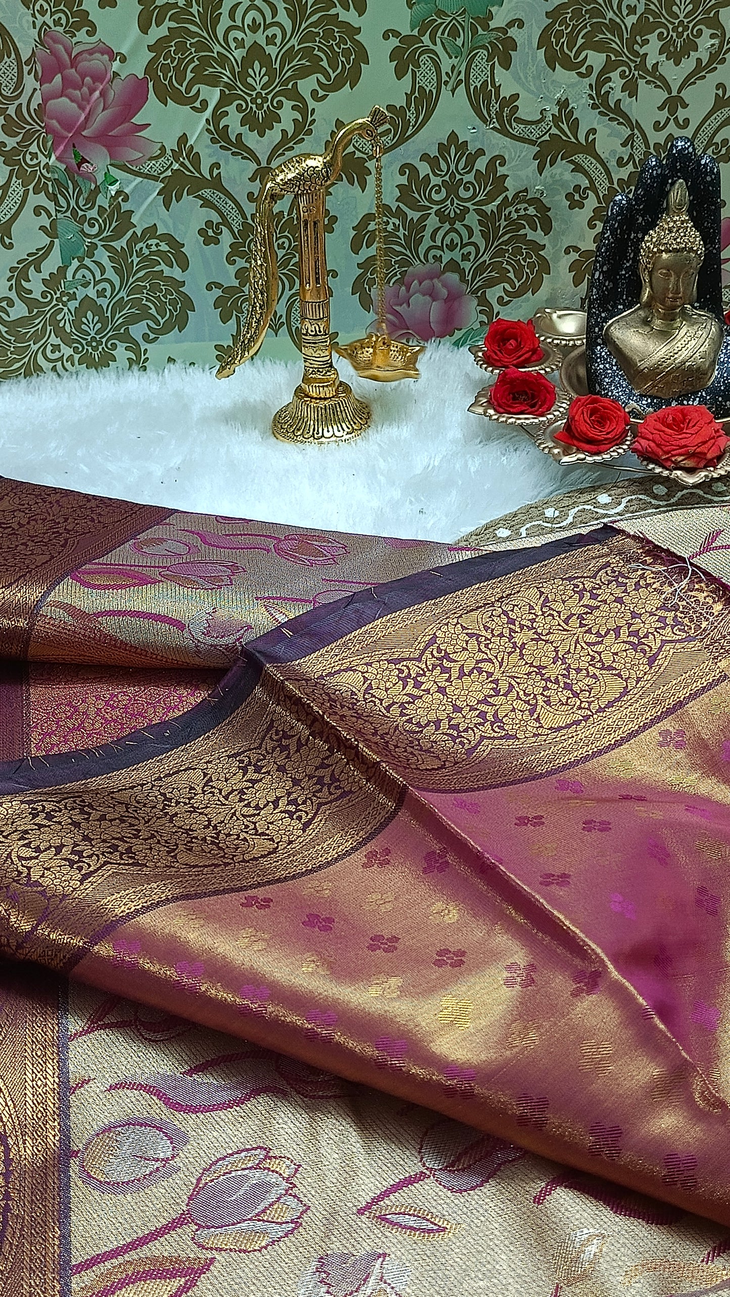 Wine Tulika golden bridal tissue Vegan kanchi saree