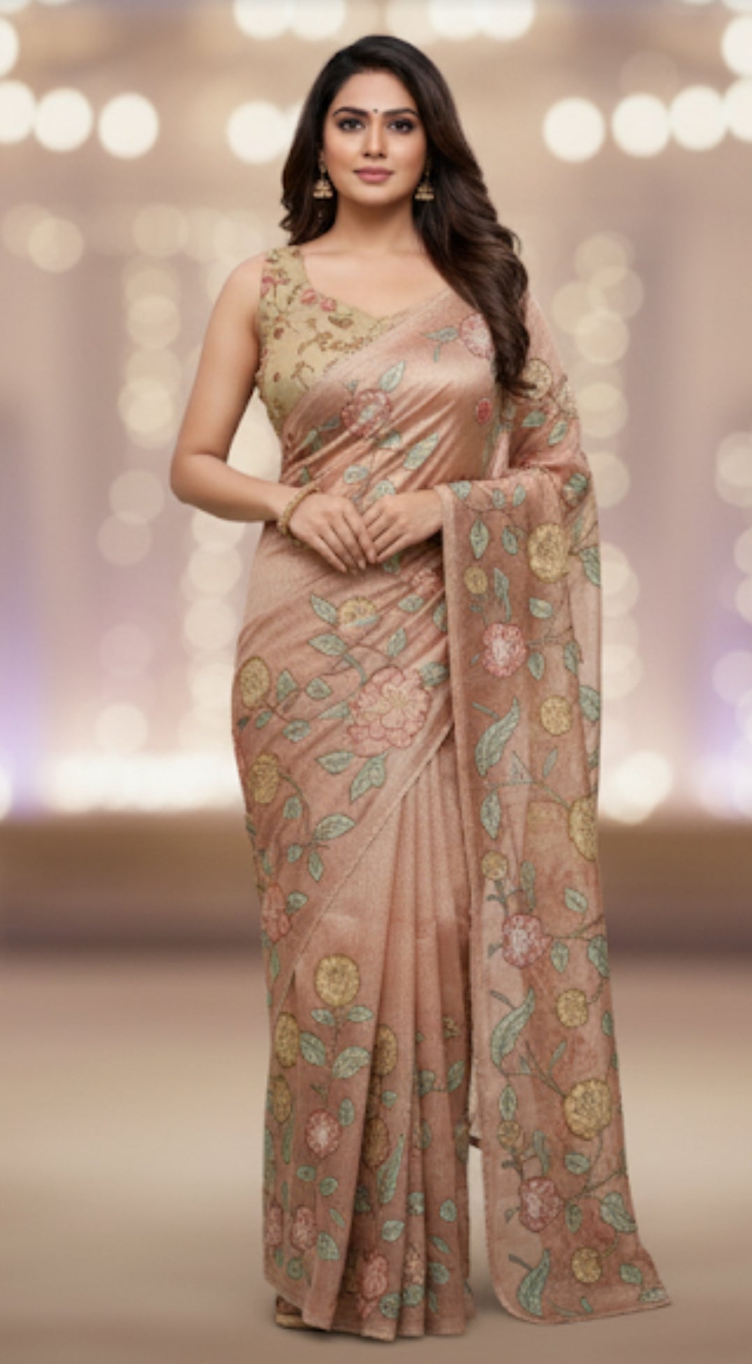 Rose Gold Floral symphony applique vegan tissue saree SA25715
