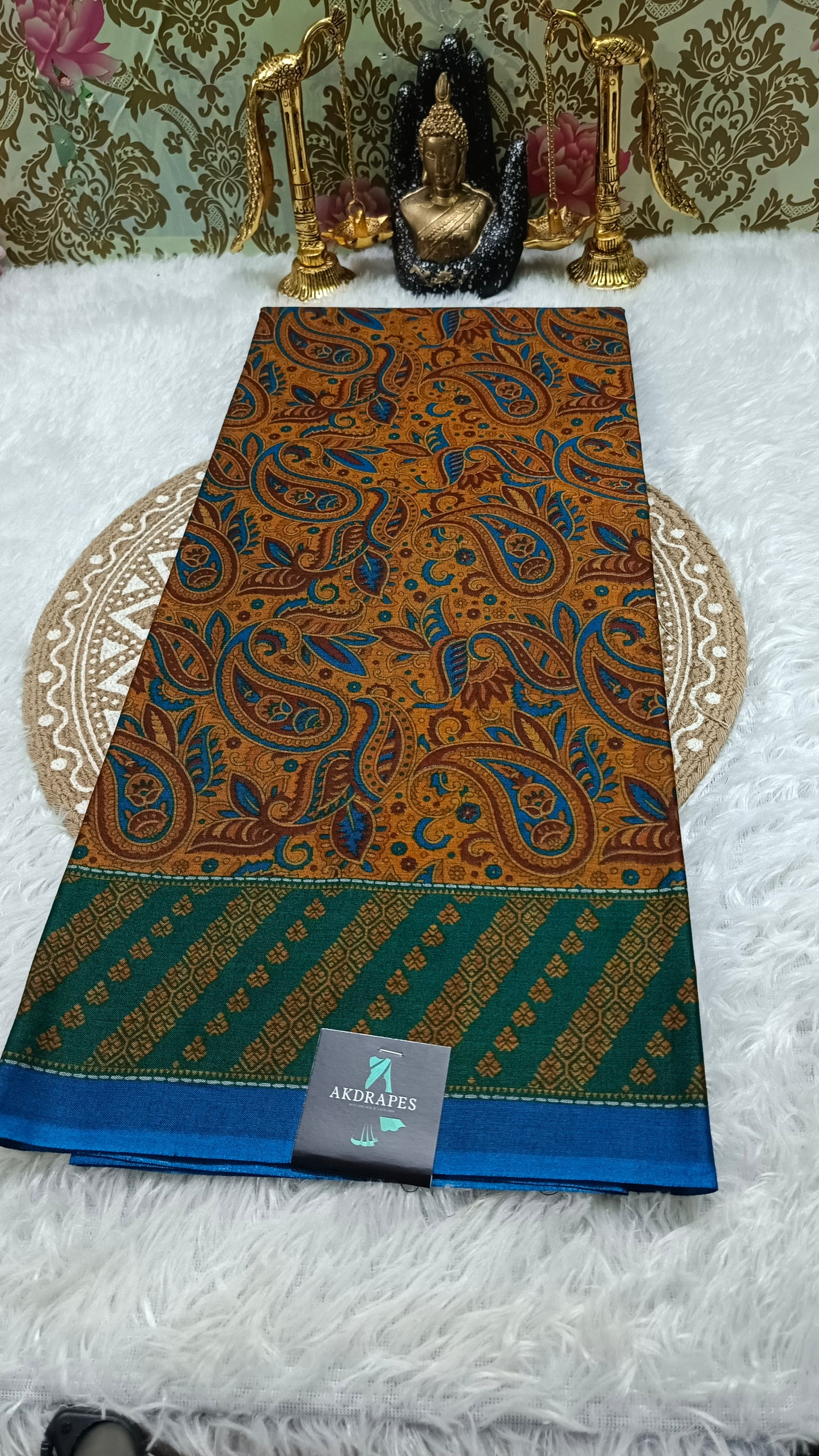 Yellow Paisley screen printed vegan muslin saree HA25544