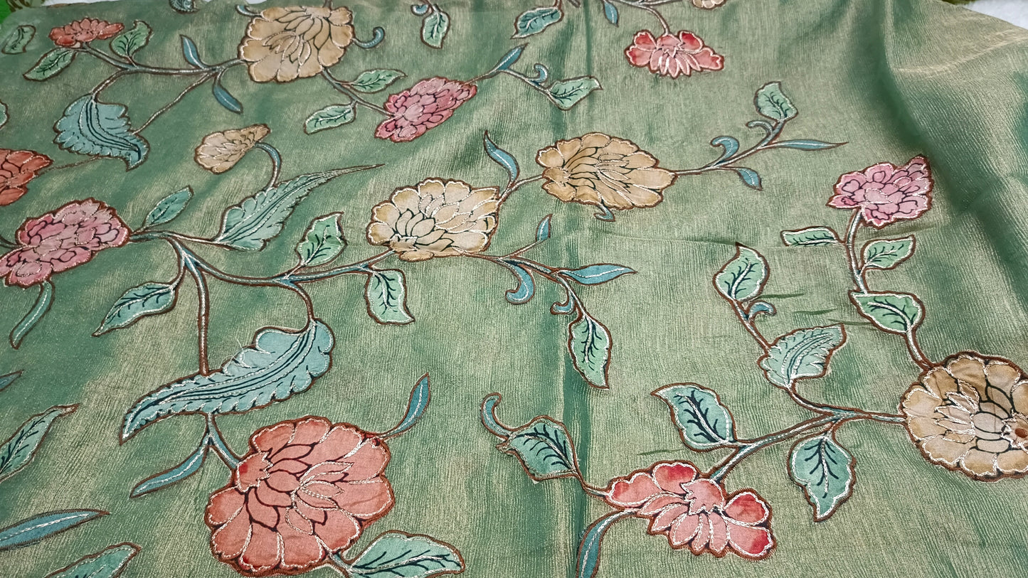 Green Floral symphony applique vegan tissue saree SA25714