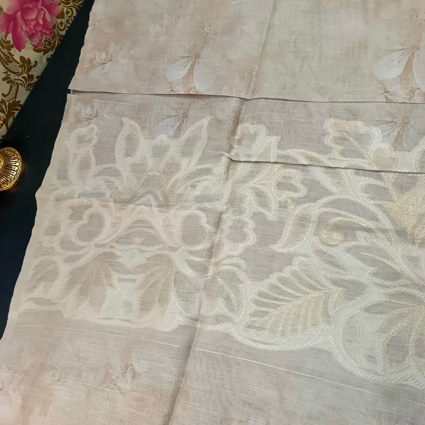 Beige Linen Jamdhani Cutwork vegan Unstitched Suit PA25067