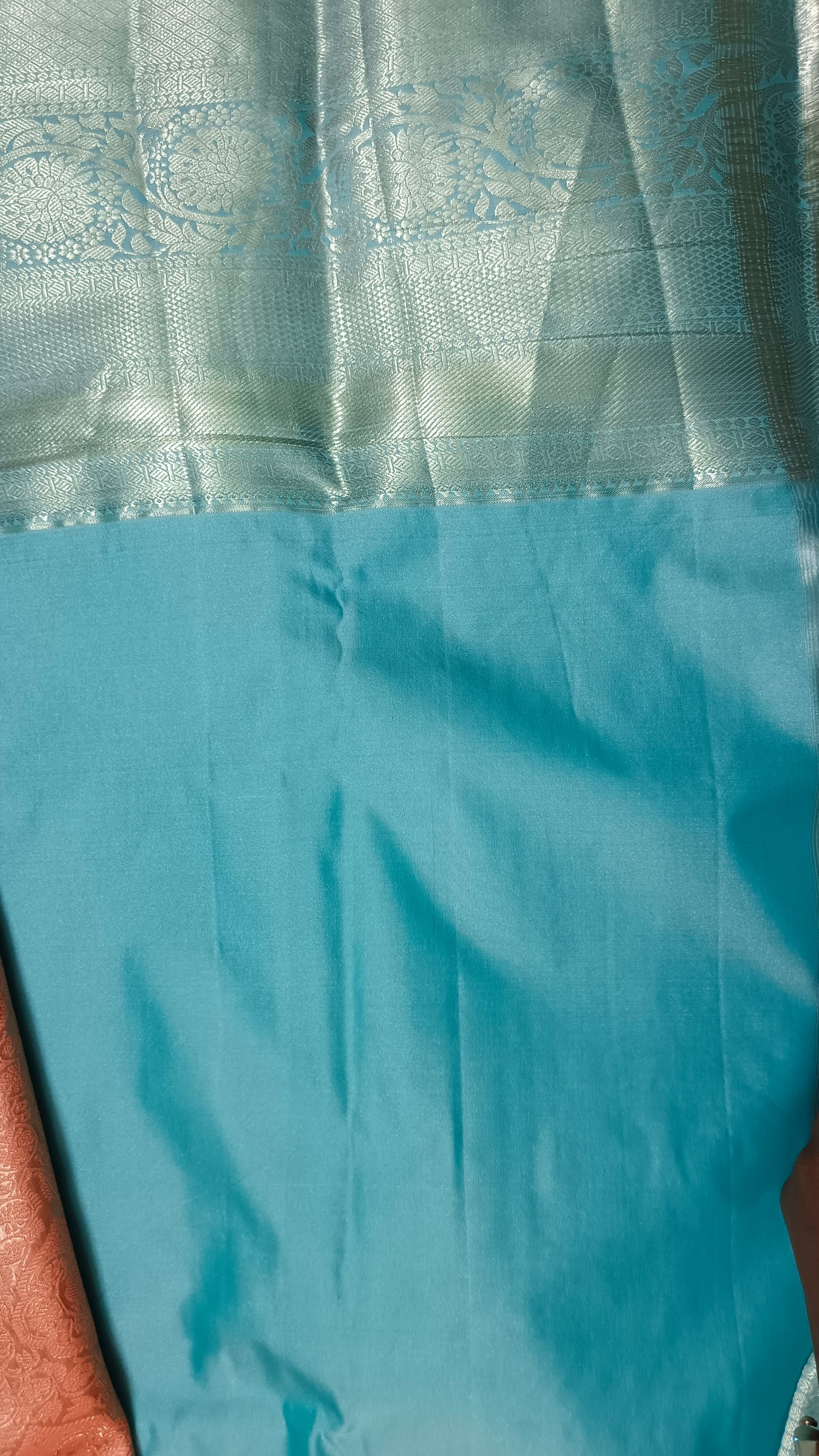 Peach with pastel green Aishwariyam vegan kanchi brocade silk saree LA25949