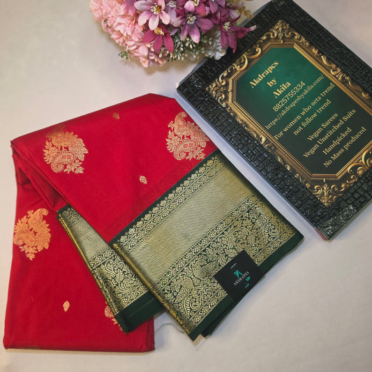 Red dark green Parampara vegan kanchi silk saree GA26164