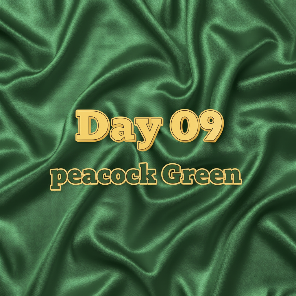 Square peacock green saree graphic with highlighted text “Day 09 peacock Green”