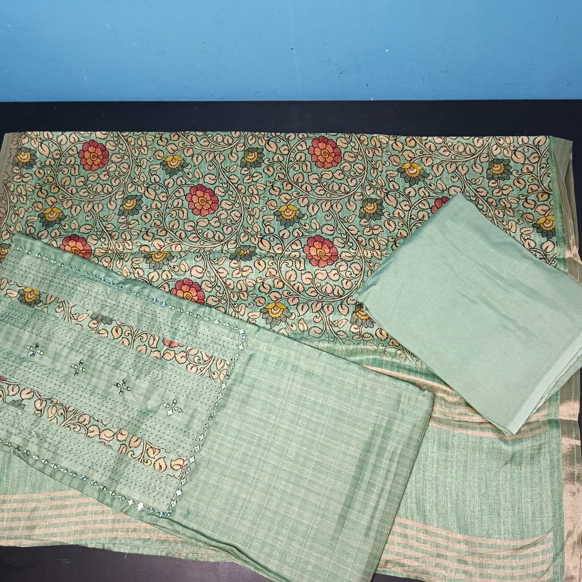 Green Tussar Tissue top Neck patch work mirror hand work digital dupatta PA25007
