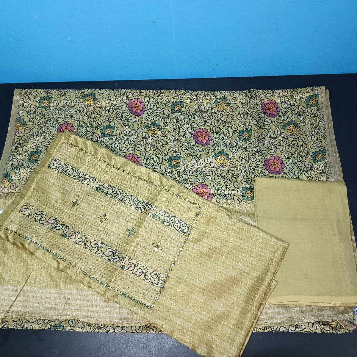 Mustard Semi Tussar top Neck patch work mirror hand work digital dupatta PA25008