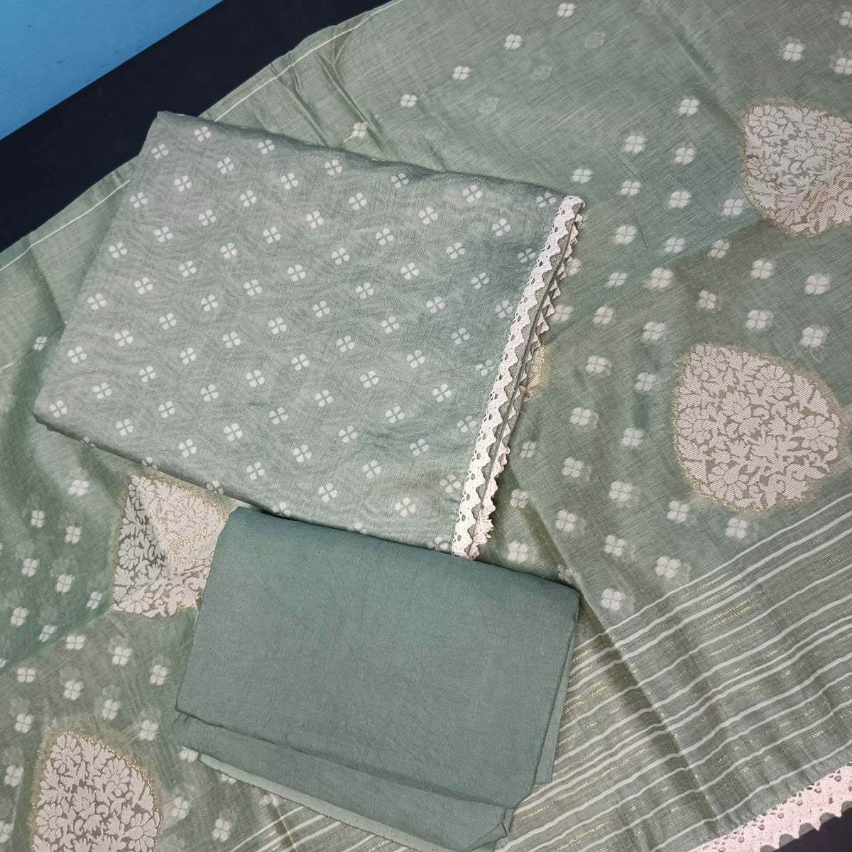 Green Tissue discharge printed top jamdhani dupatta suit PA25001