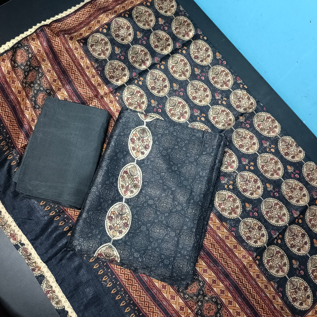 Black Semi Raw silk side panel applique work with Digital print lace dupatta PA25015