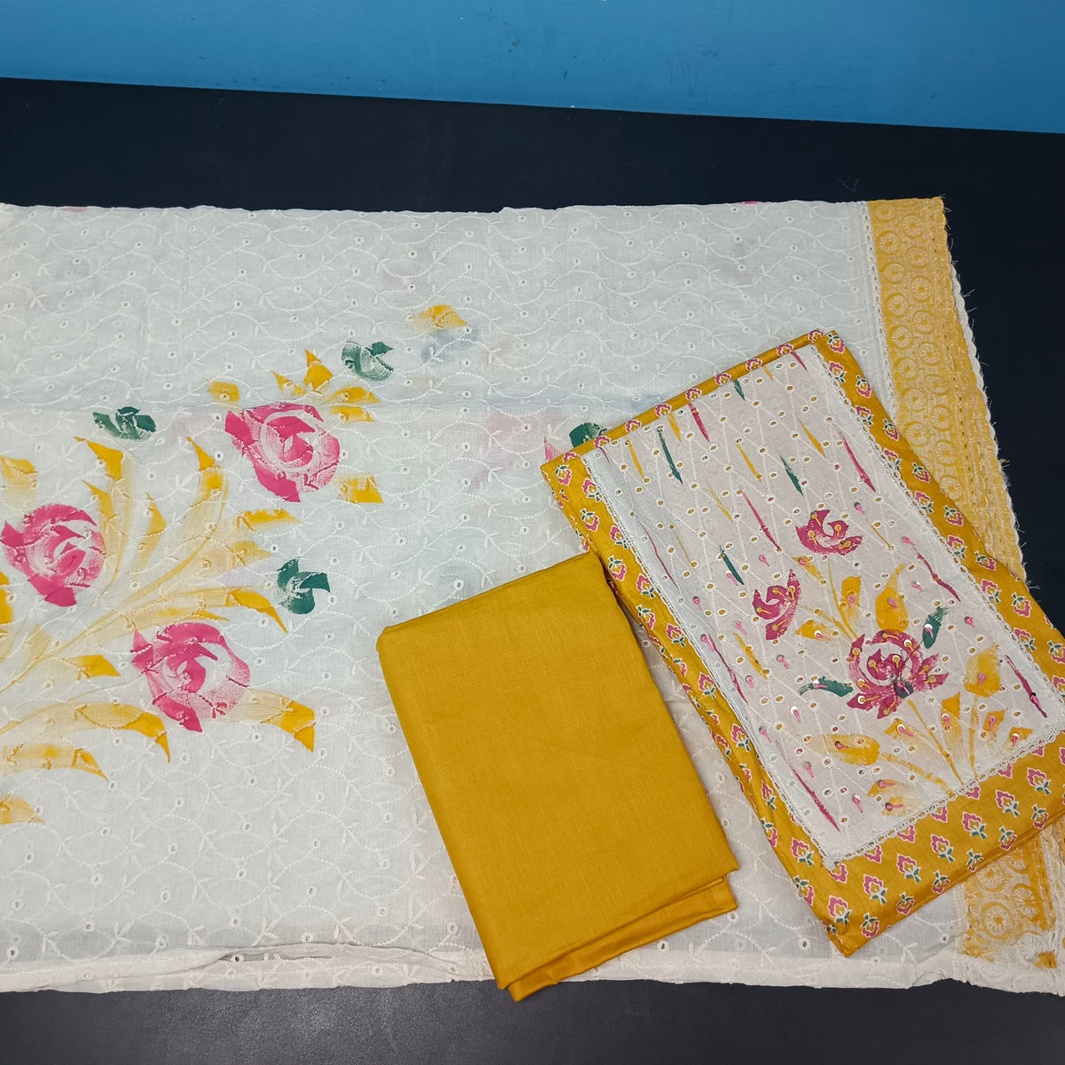 Yellow Cotton kora neck patch work kora brush paint hand painted dupatta PA25012