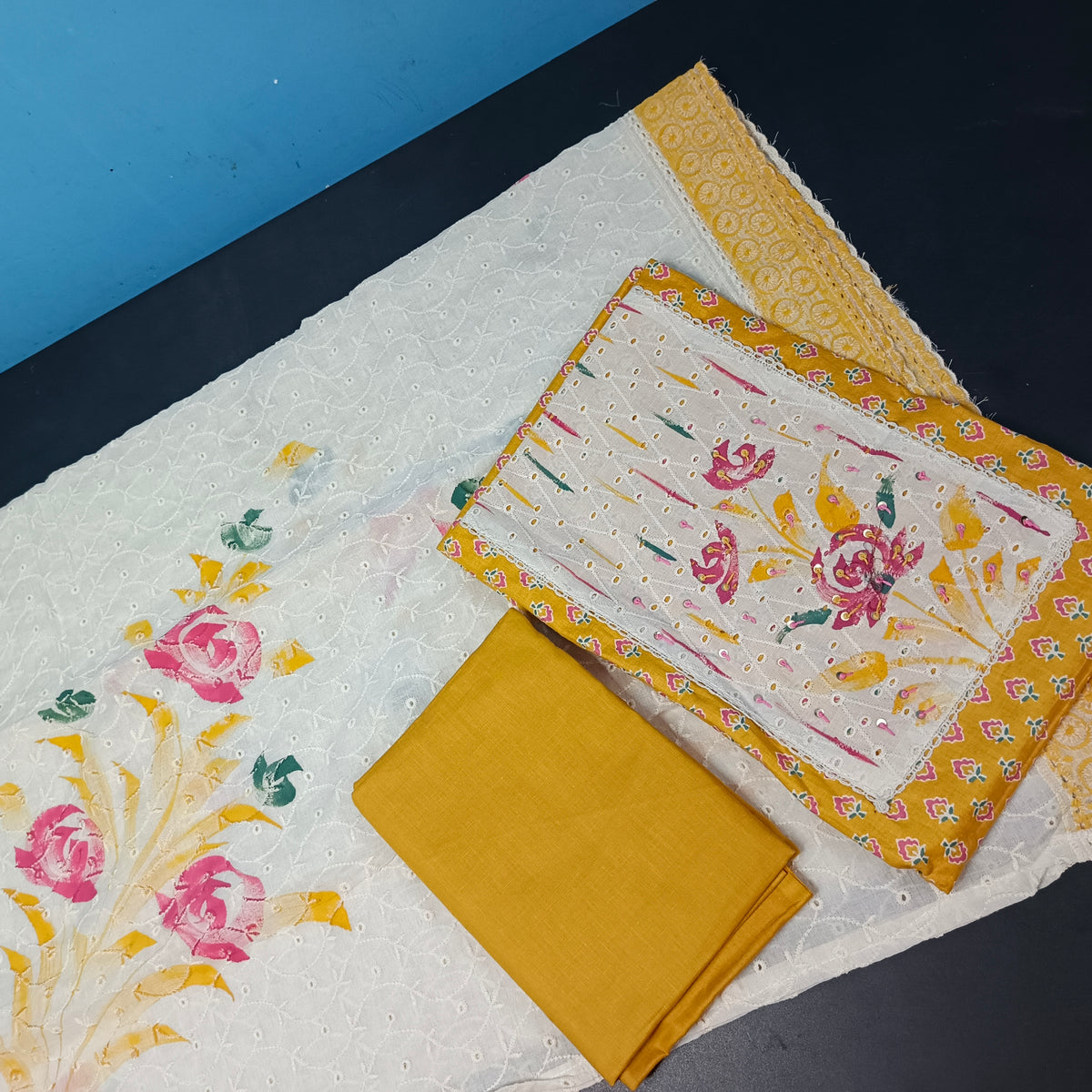 Yellow Cotton kora neck patch work kora brush paint hand painted dupatta PA25012