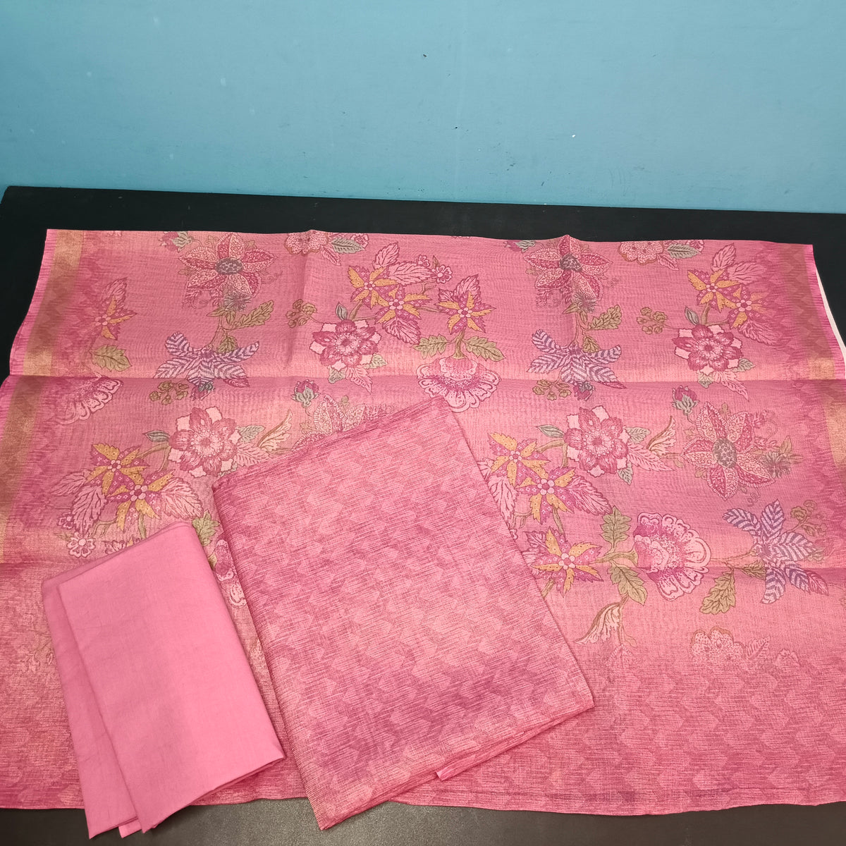 Pink Tissue linen zig zag top Floral digital print dupatta PA25019