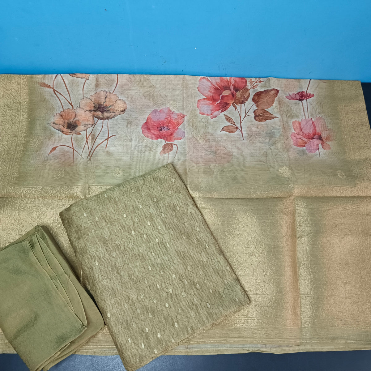 Green Chanderi Zari weave digital top banarasi dupatta PA25031