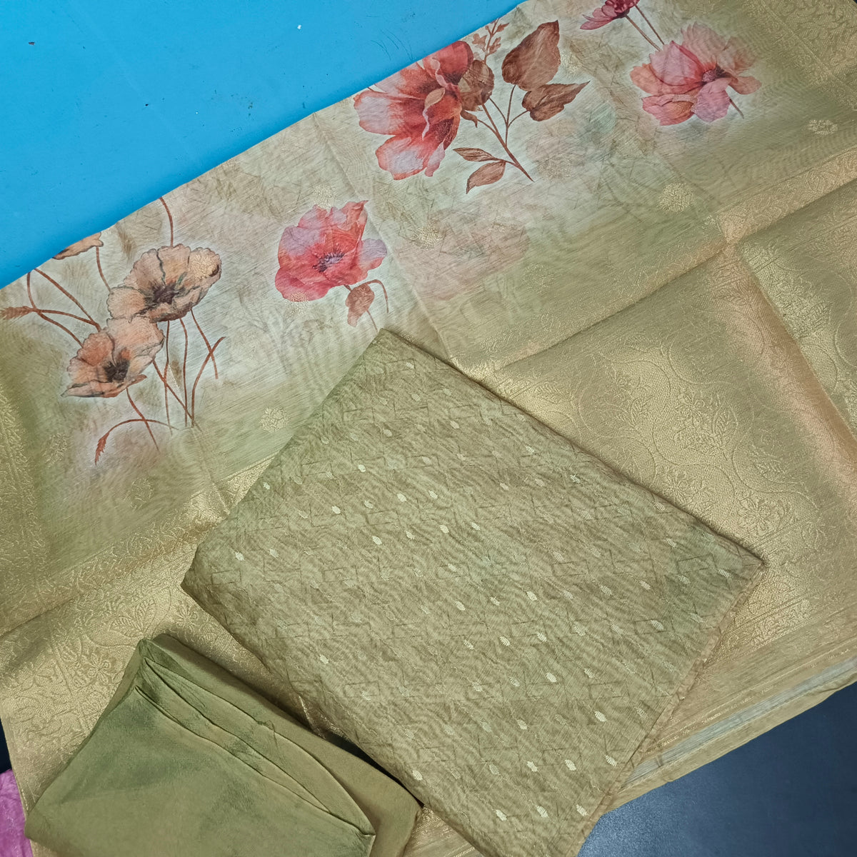 Green Chanderi Zari weave digital top banarasi dupatta PA25031