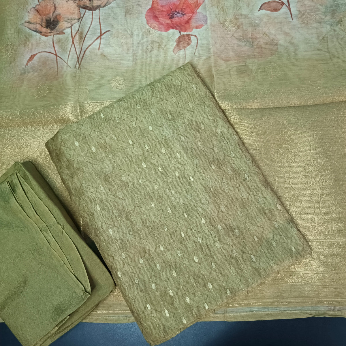 Green Chanderi Zari weave digital top banarasi dupatta PA25031