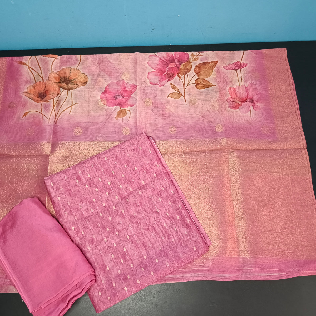 Pink Chanderi Zari weave digital top banarasi dupatta PA25032