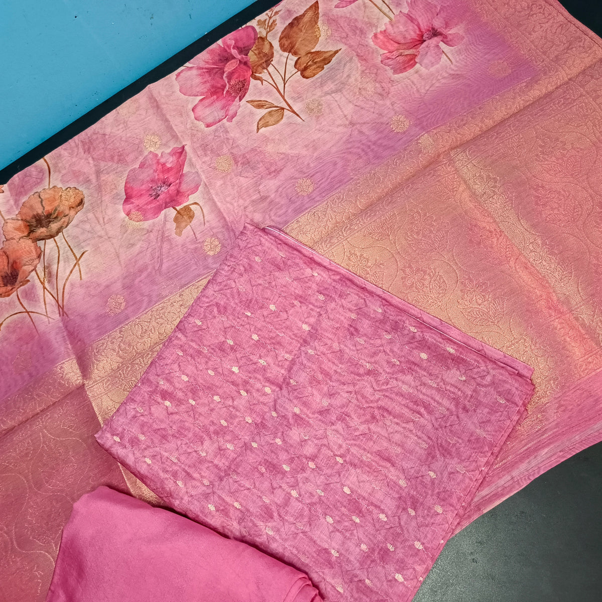 Pink Chanderi Zari weave digital top banarasi dupatta PA25032
