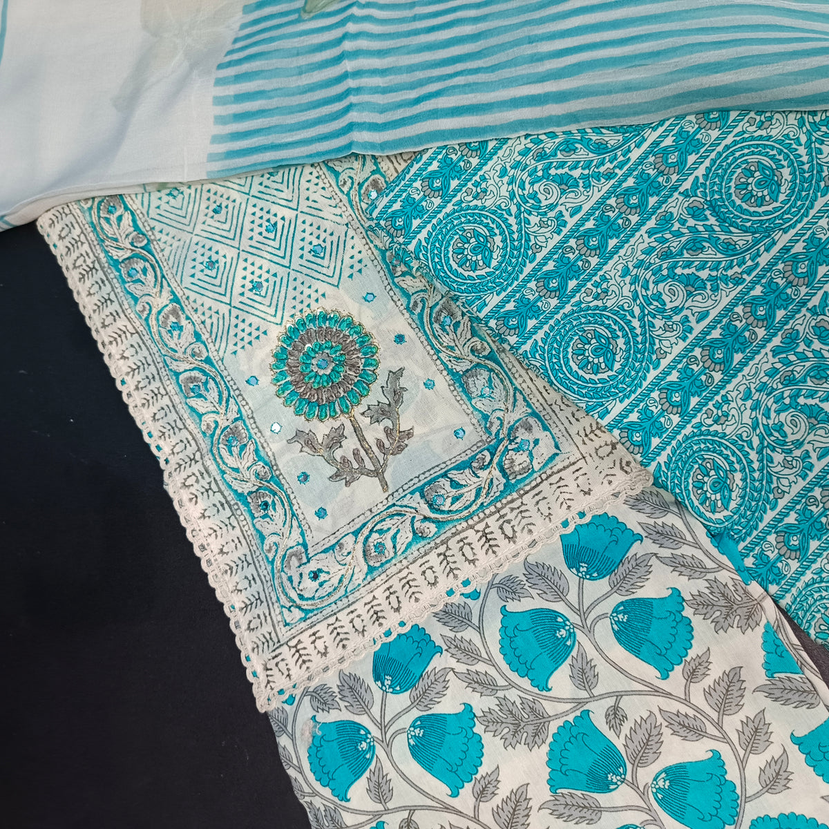 Blue white vegan pure cotton top with neck patch unstitched suit PA25033
