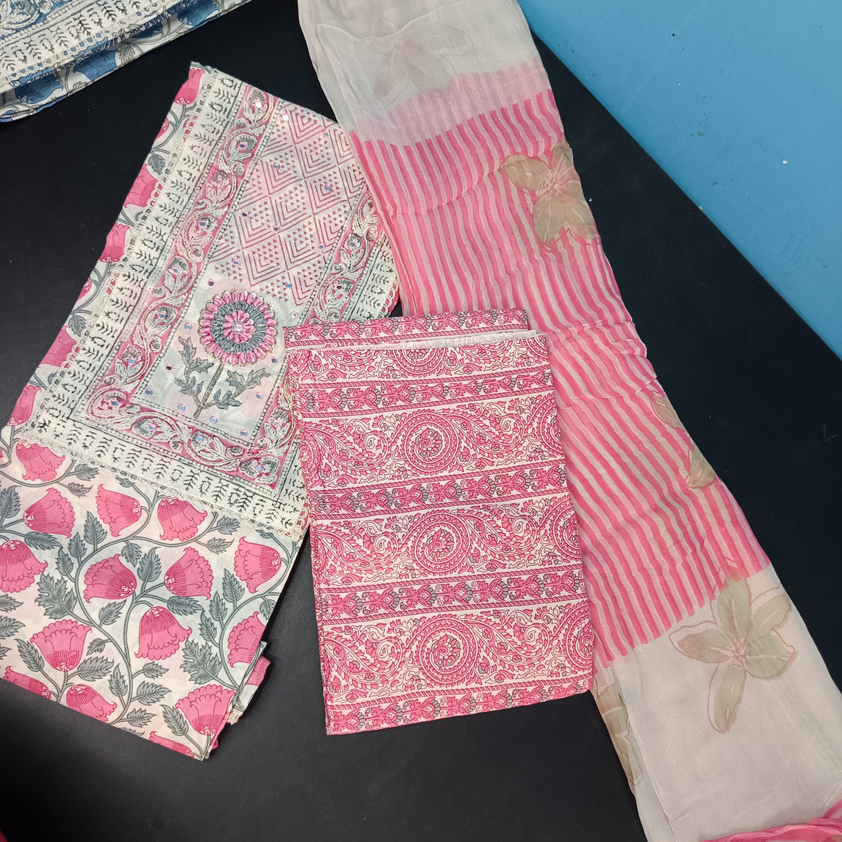 Pink white vegan pure cotton top with neck patch unstitched suit PA25035