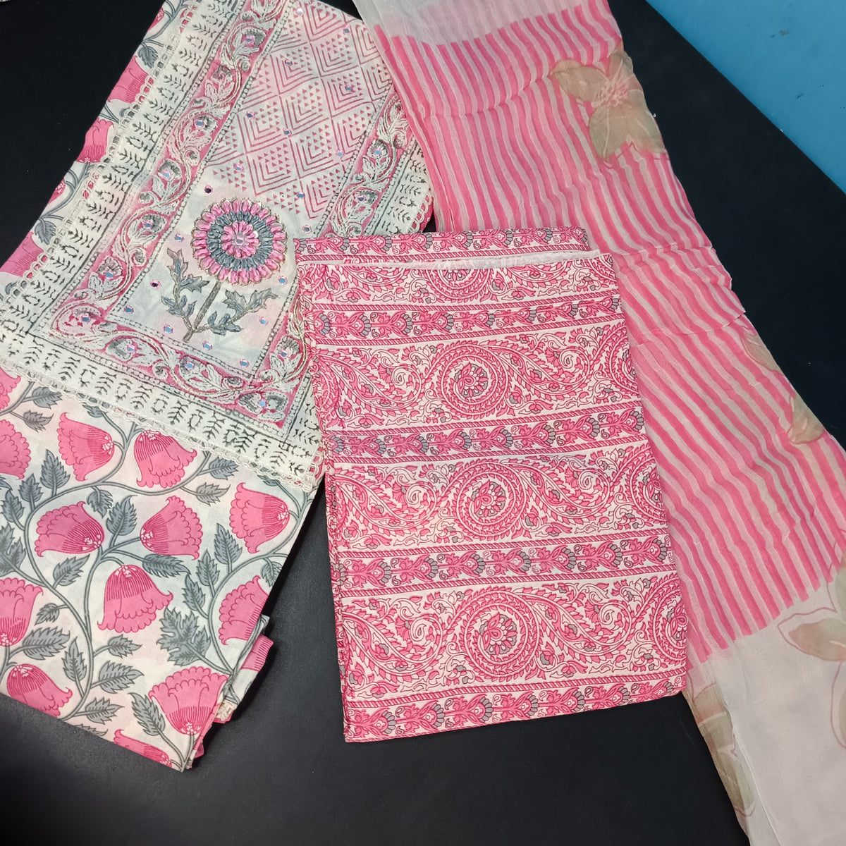 Pink white vegan pure cotton top with neck patch unstitched suit PA25035