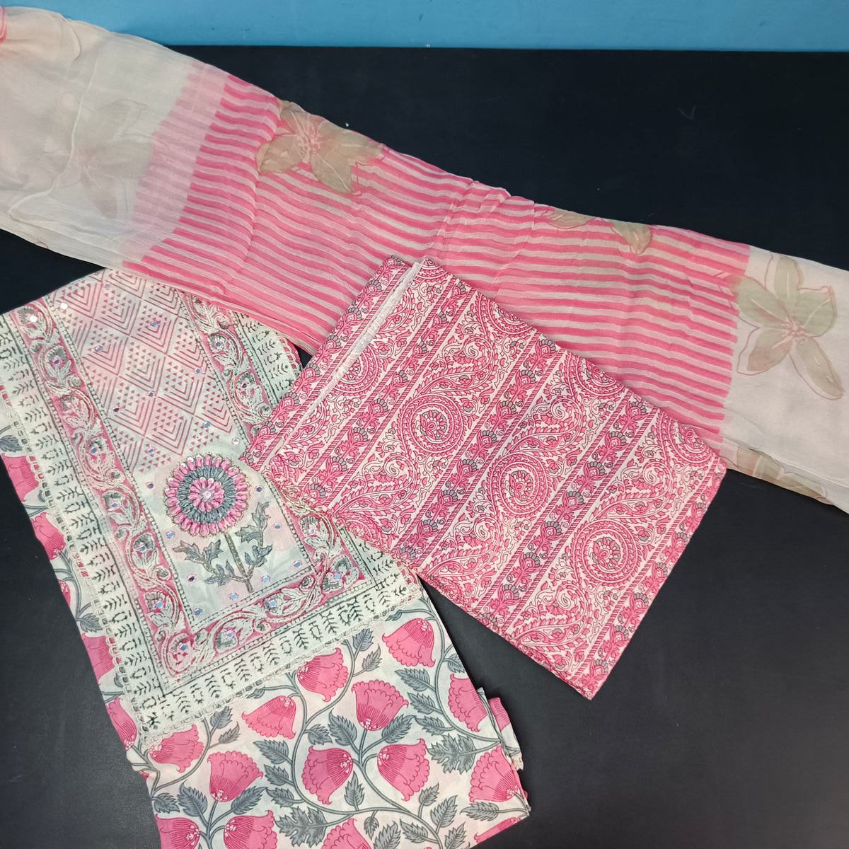 Pink white vegan pure cotton top with neck patch unstitched suit PA25035