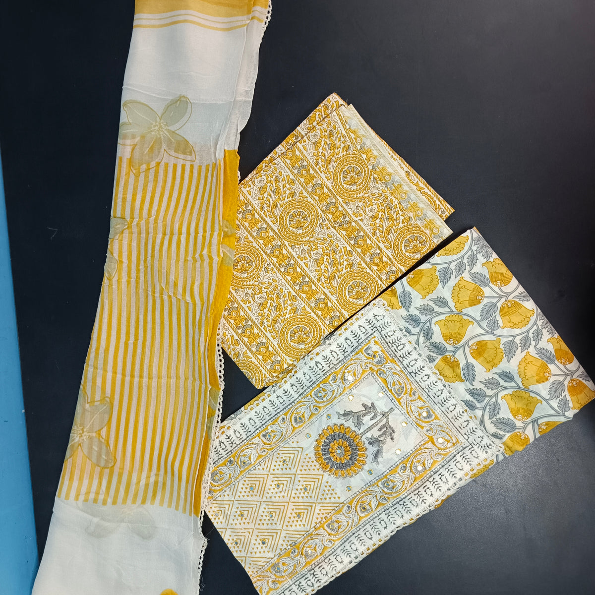 Yellow white vegan pure cotton top with neck patch unstitched suit PA25036