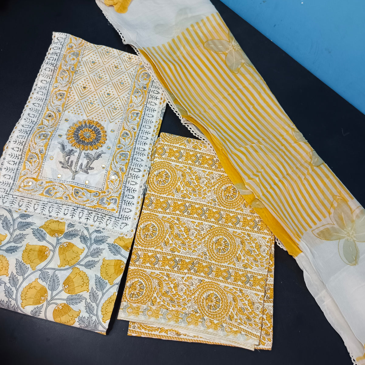 Yellow white vegan pure cotton top with neck patch unstitched suit PA25036