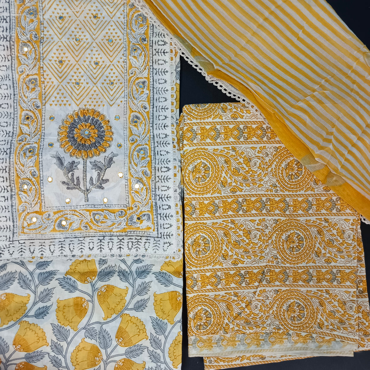 Yellow white vegan pure cotton top with neck patch unstitched suit PA25036