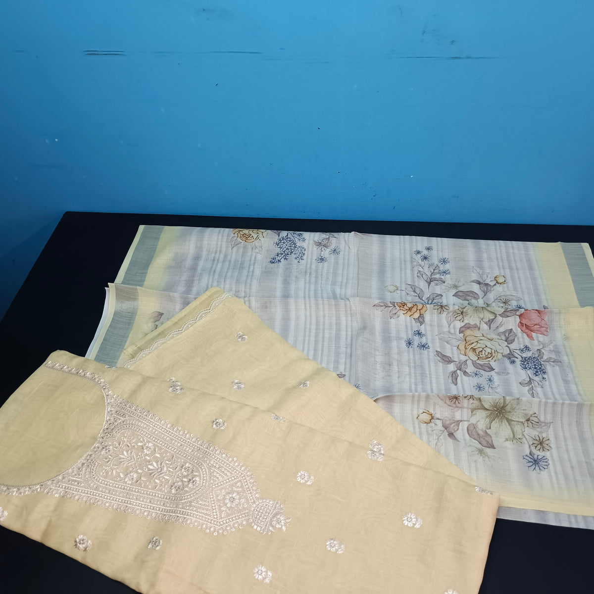 yellow Cotton linen neck embroidery Pastel edits Unstitched suits PA25037