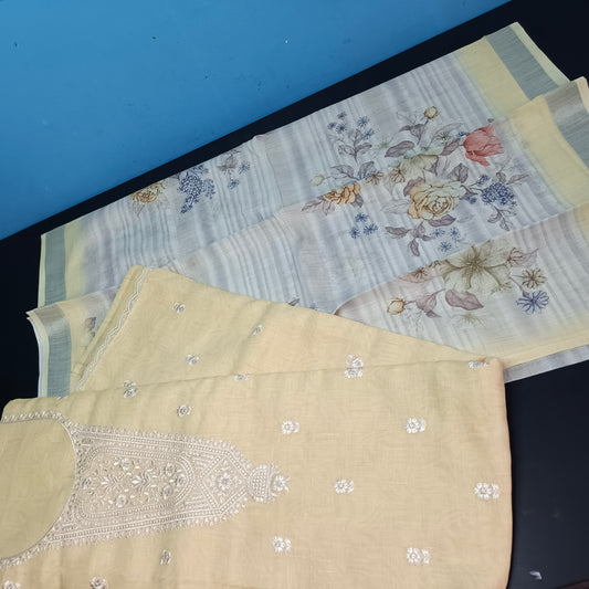 yellow Cotton linen neck embroidery Pastel edits Unstitched suits PA25037