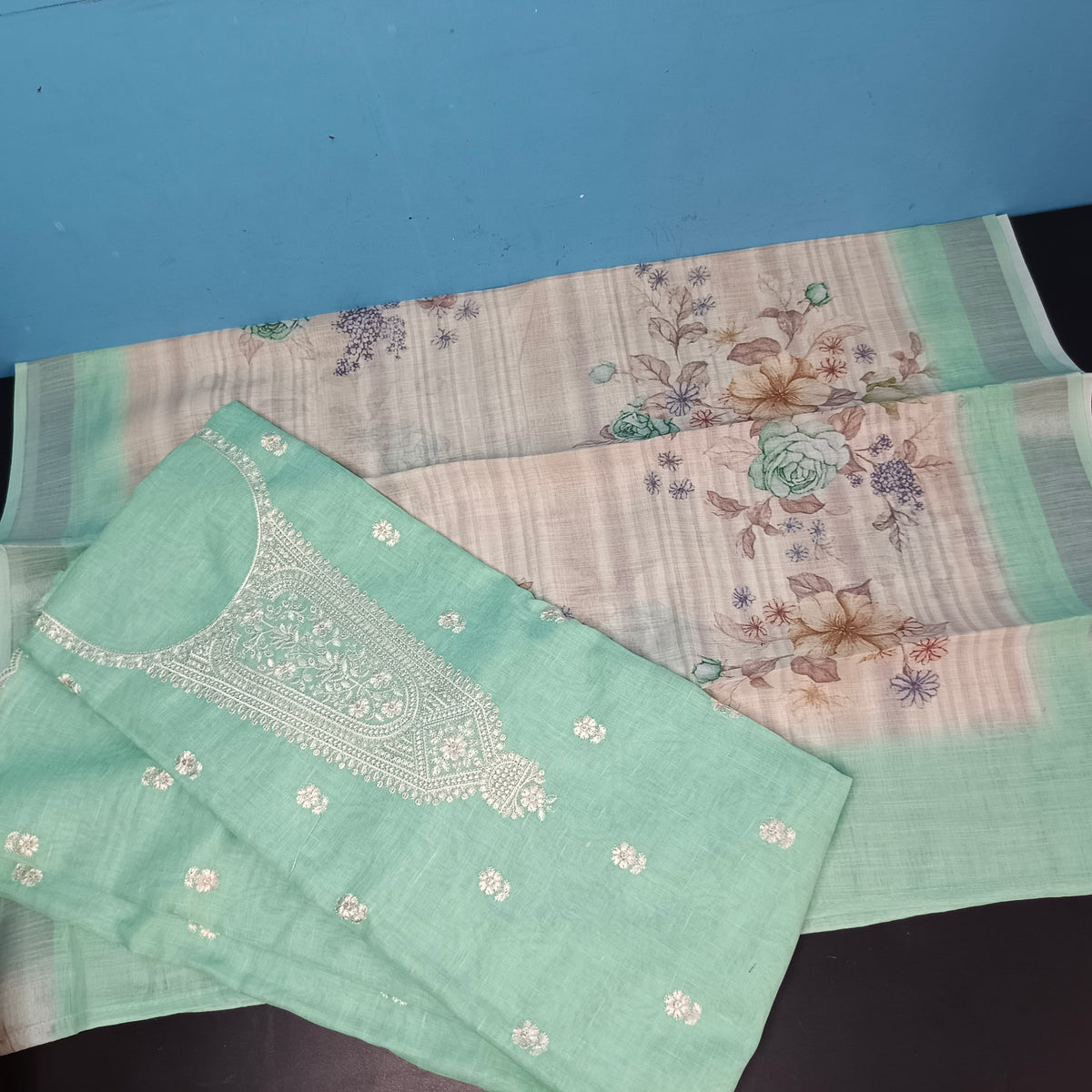 Green Cotton linen neck embroidery Pastel edits Unstitched suits PA25039
