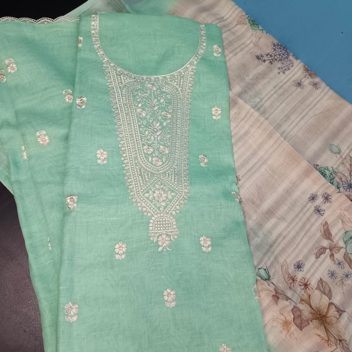 Green Cotton linen neck embroidery Pastel edits Unstitched suits PA25039