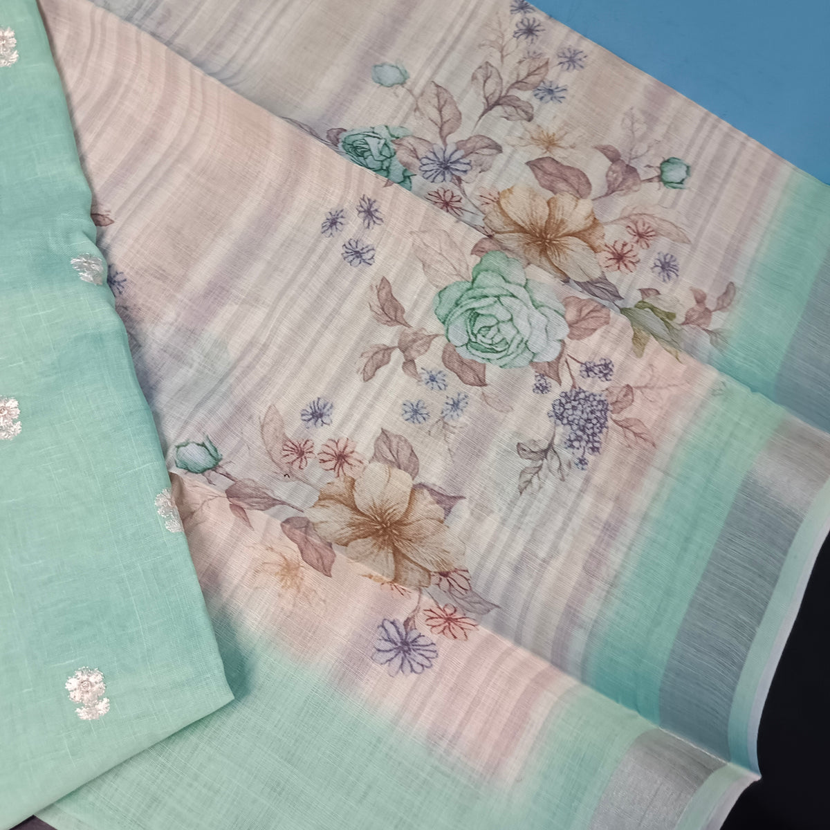Green Cotton linen neck embroidery Pastel edits Unstitched suits PA25039