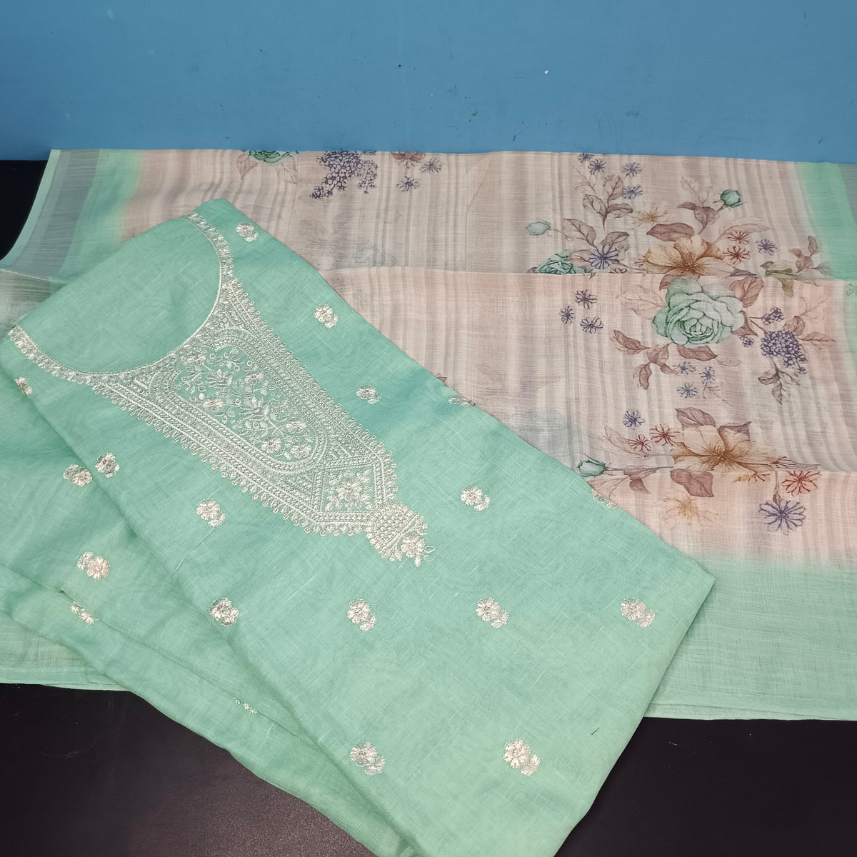Green Cotton linen neck embroidery Pastel edits Unstitched suits PA25039