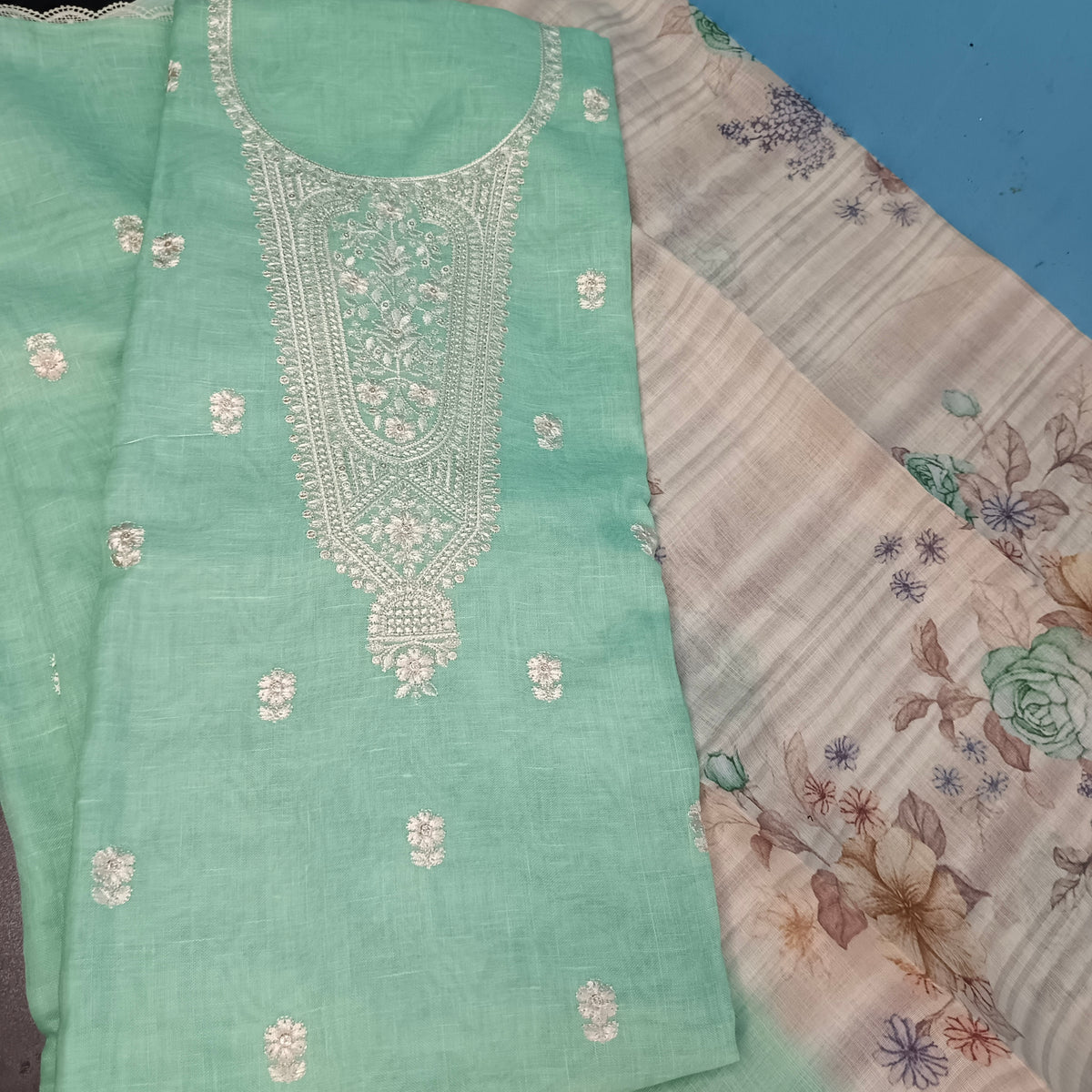 Green Cotton linen neck embroidery Pastel edits Unstitched suits PA25039