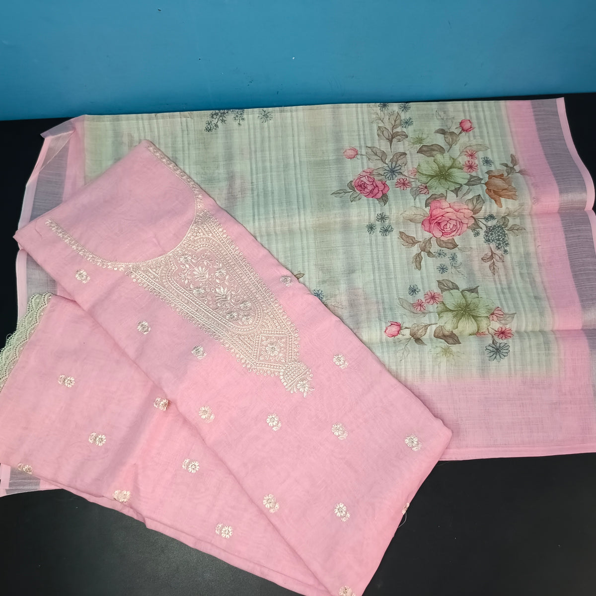 Pink Cotton linen neck embroidery Pastel edits Unstitched suits PA25040